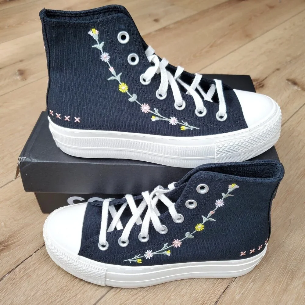 Womens 6 CONVERSE Chuck Taylor All Star Lift Floral Black Platform A15007C NEW - Picture 2 of 13